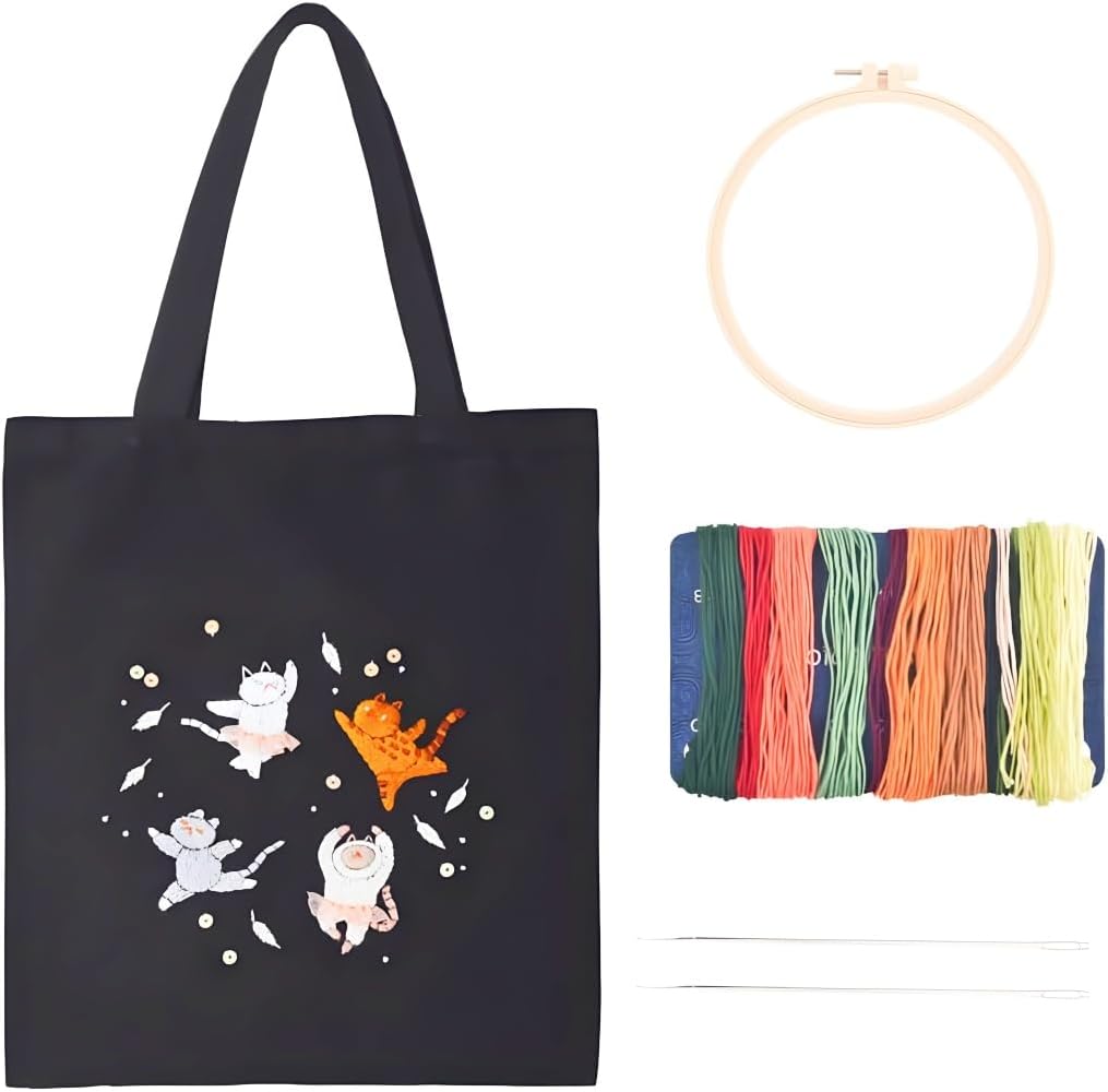 DIY Canvas Tote Bag Embroidery Kit with Hoop and Patterns , Tote Bag Cross Stitch Kits for Beginners Adults (Kitten) Freeasyfar