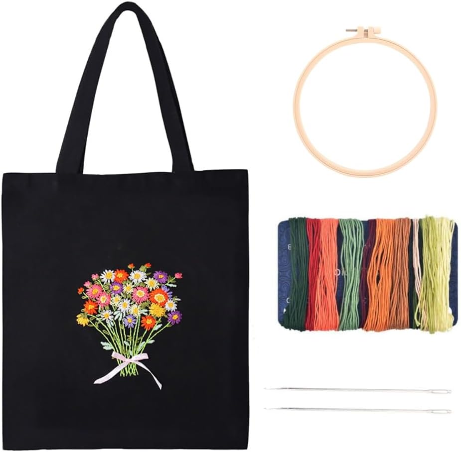 DIY Canvas Tote Bag Embroidery Kit with Hoop and Patterns , Tote Bag Cross Stitch Kits for Beginners Adults (Kitten) Freeasyfar