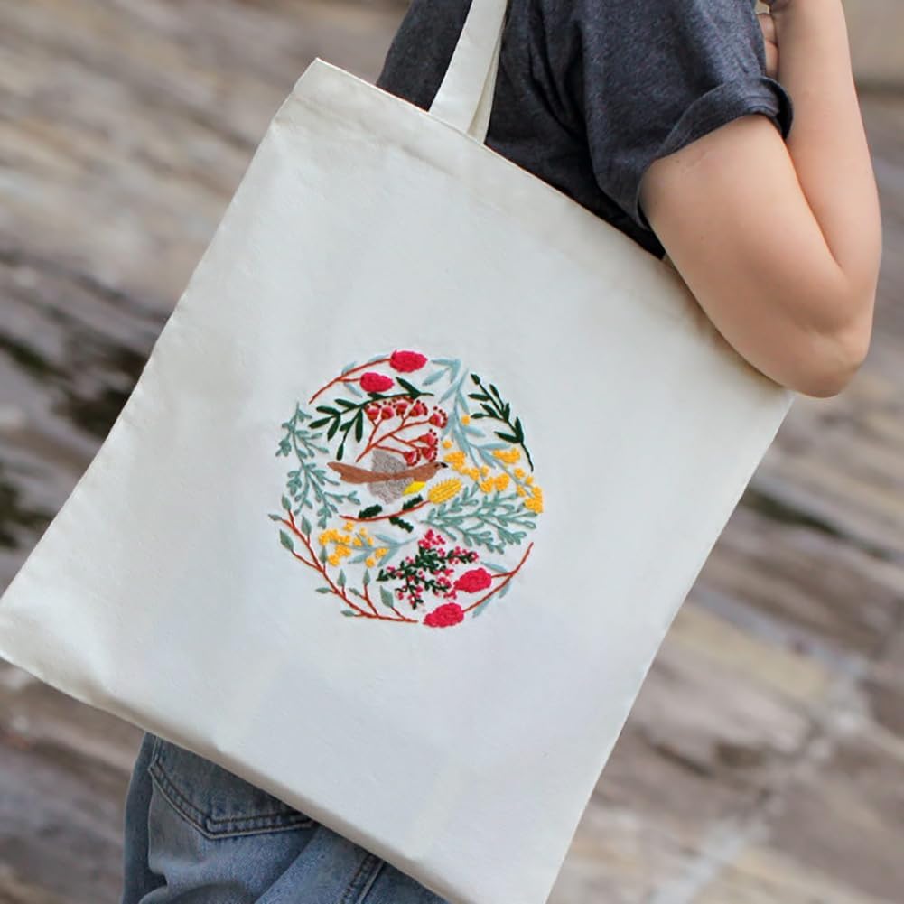 DIY Canvas Tote Bag Embroidery Kit with Hoop and Patterns Flowers Wreath, Tote Bag Cross Stitch Kits for Beginners Adults (Wreath) Freeasyfar