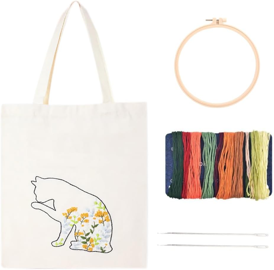 DIY Canvas Tote Bag Embroidery Kit with Hoop and Patterns , Tote Bag Cross Stitch Kits for Beginners Adults (CAT)) Freeasyfar