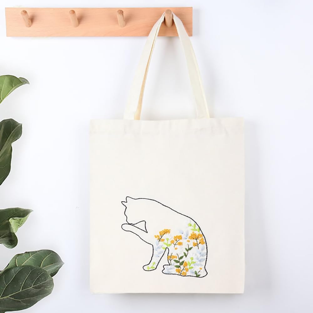 DIY Canvas Tote Bag Embroidery Kit with Hoop and Patterns , Tote Bag Cross Stitch Kits for Beginners Adults (CAT)) Freeasyfar