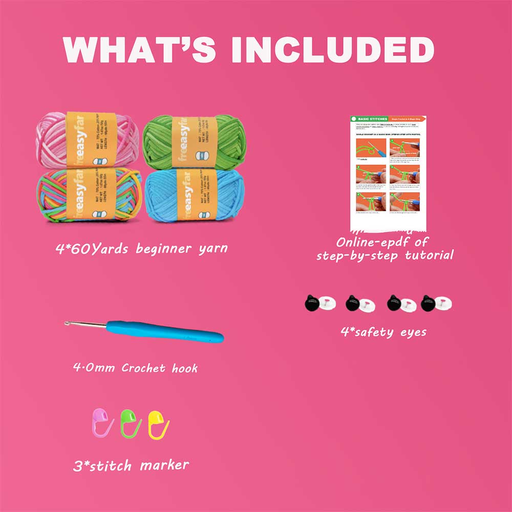 Beginner Crochet kit with Easy-to-See stitches Yarn, Included 3 free crochet pattern (Straw Pink+Lawn Green+Rainbow+Azure) Freeasyfar
