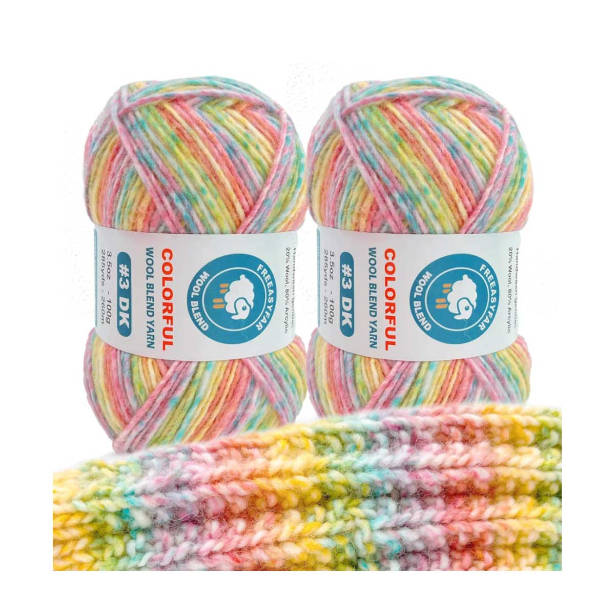 2 Pack Variegated Wool Blend Yarn, #3 DK, 20% Wool 80% Acrylic, , Single-Ply Wool Yarn