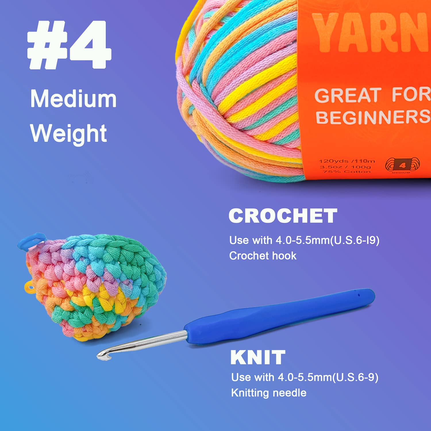 1 Pack 3.5oz/120yards,Beginner Easy Yarn for Crocheting and Knitting with Easy-to-See Stitches; Medium Weight #4(Variegated Color) Freeasyfar
