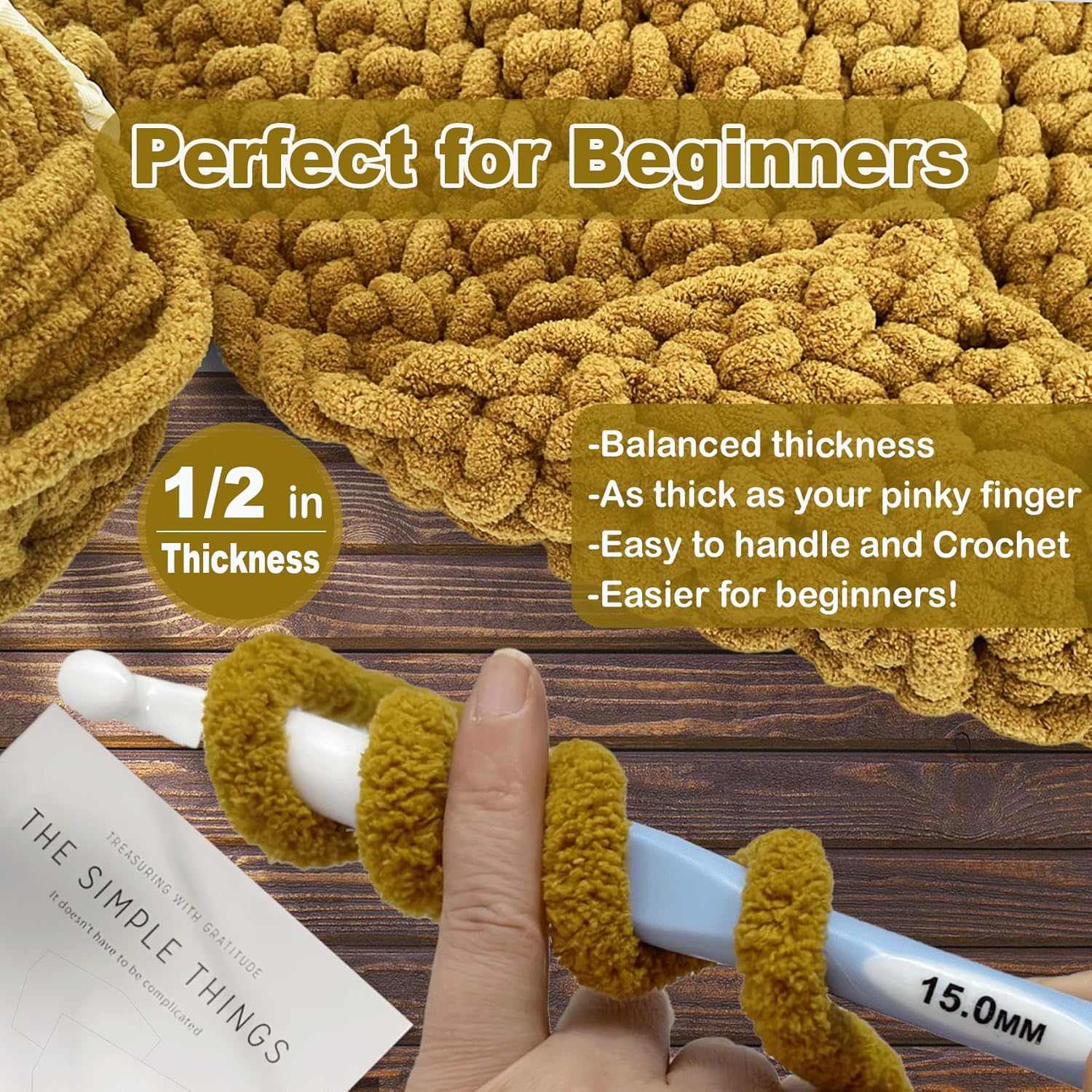 Chunky Chenille Yarn for Crocheting - Super Bulky Fluffy Yarn for Knitting -100% Polyester -Mustard Brown Freeasyfar