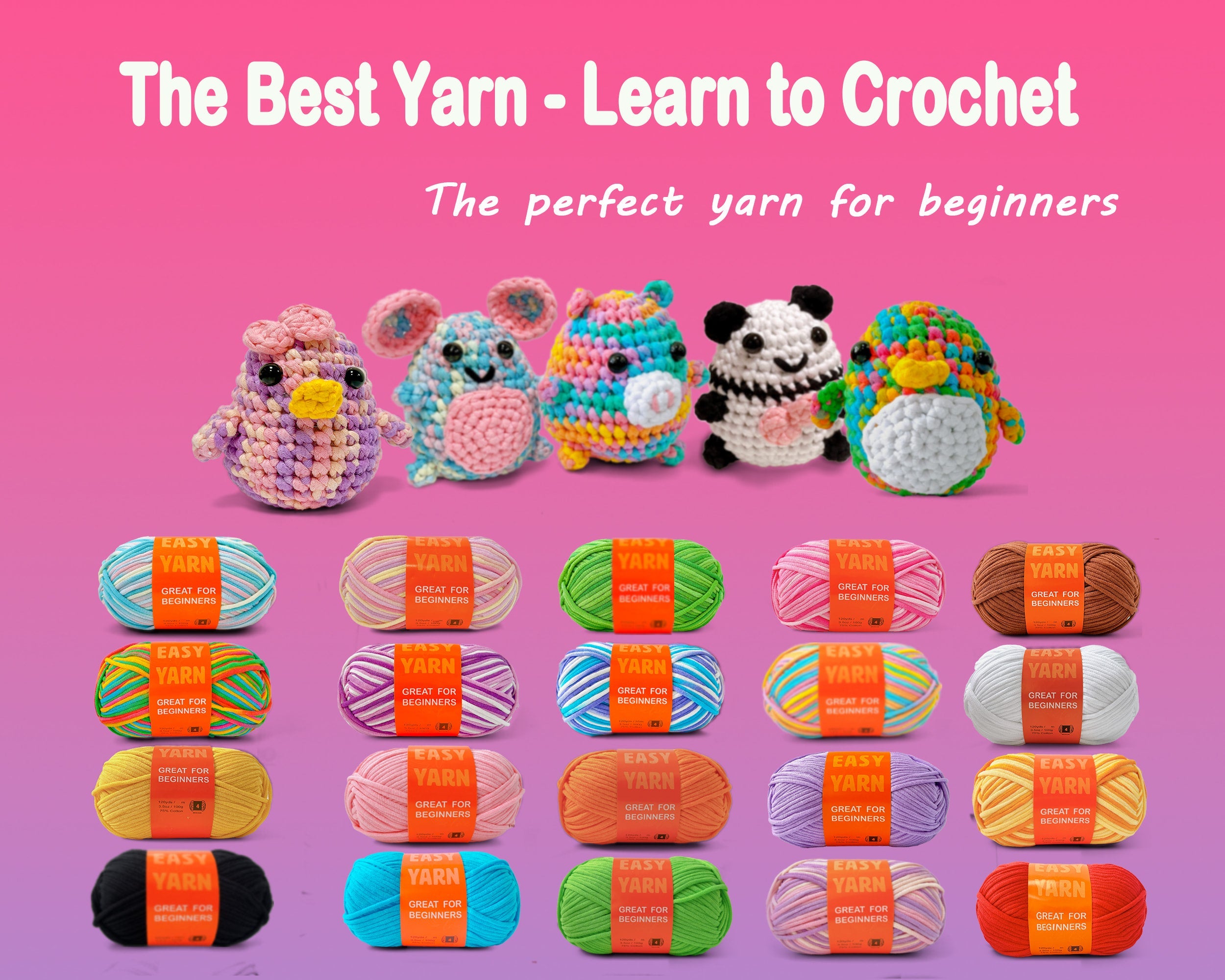 2 Pack Beginner Easy Yarn for Crocheting and Knitting; 2x120 yds Cotton Yarn for Beginner with Easy-to-See Stitches; Medium #4 (rainbow+strawberry) Freeasyfar