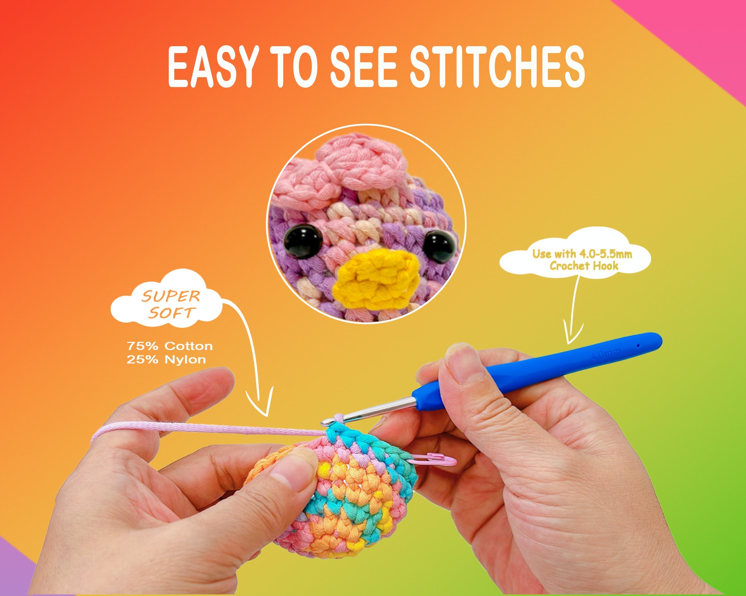 4 Pack(4x60 yds) Easy Yarn for Crocheting and Knitting-(Orange+Macaron+Yellow+Purple) Freeasyfar