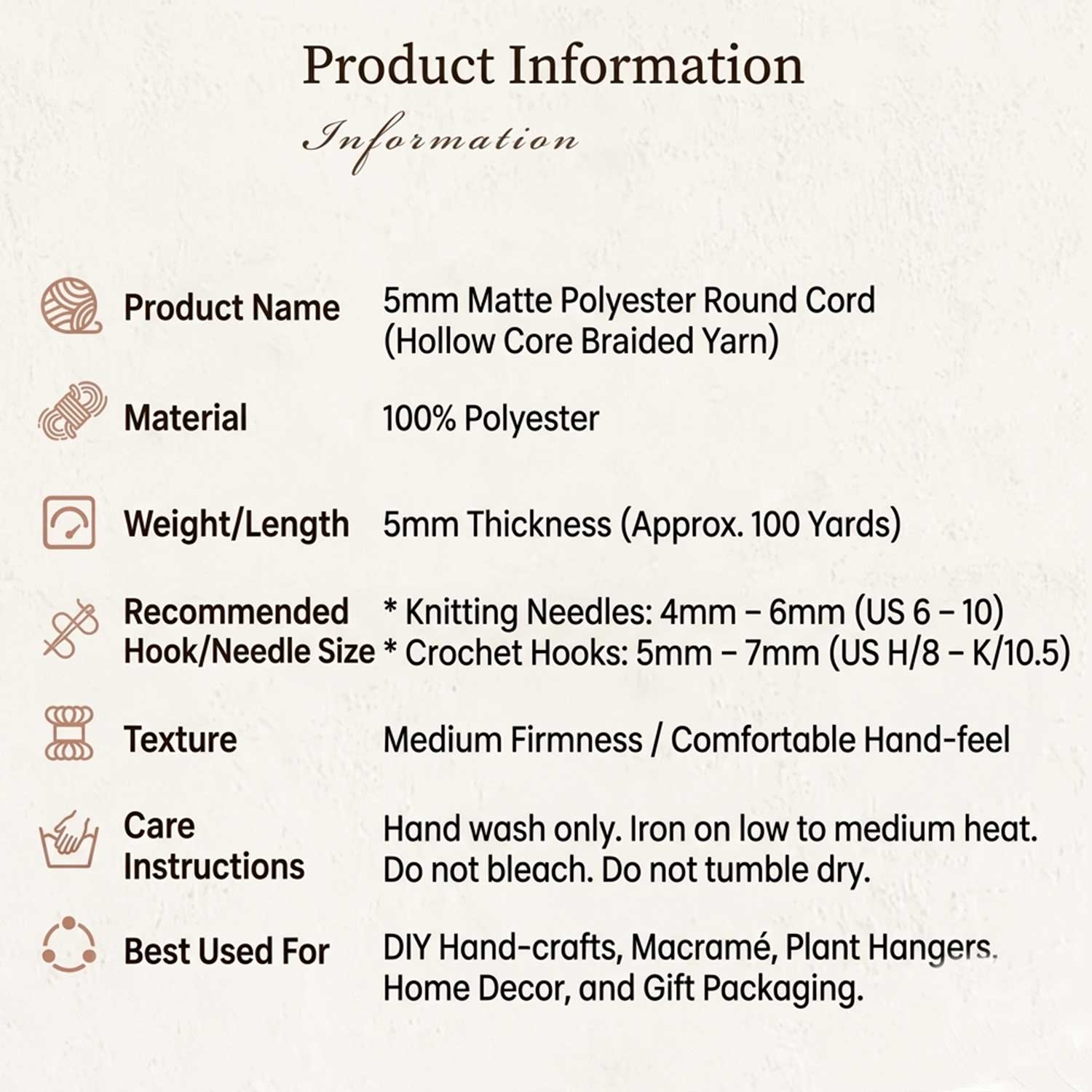 5mm Matte Polyester Round Cord - Hollow Core Braided Yarn for Crochet, Macramé & DIY Home Decor (35oz/600g)