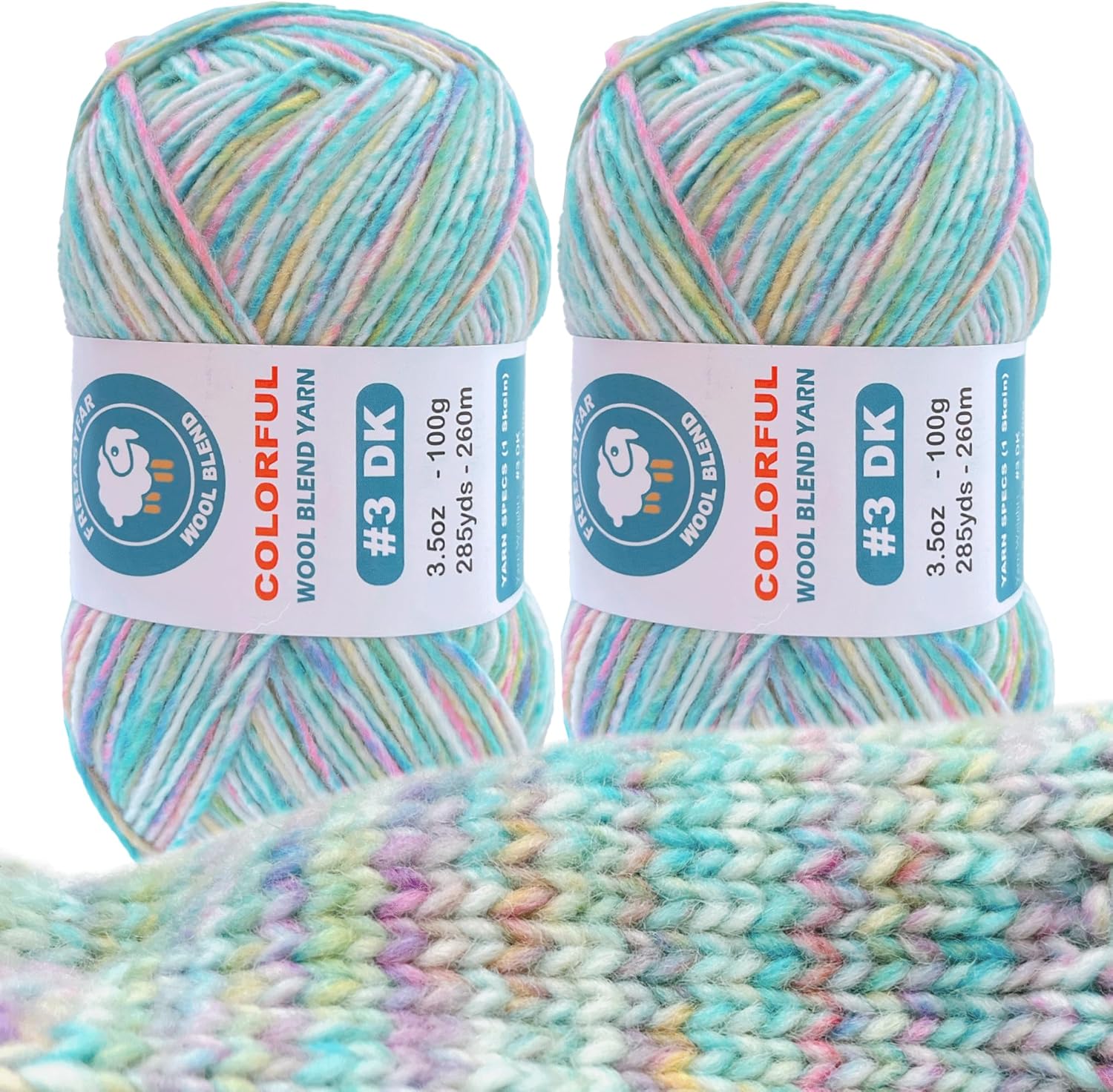2 Pack Variegated Wool Blend Yarn, #3 DK, 20% Wool 80% Acrylic, , Single-Ply Wool Yarn Freeasyfar