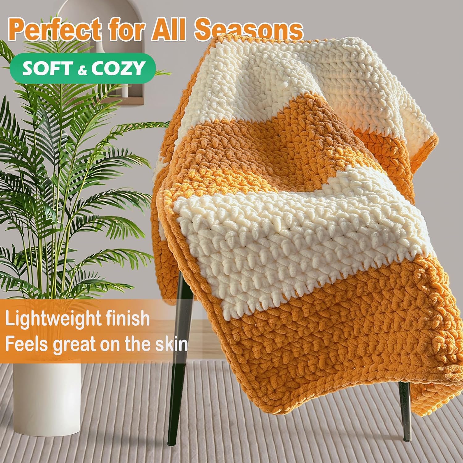 Chunky Chenille Yarn for Crocheting - Super Bulky Fluffy Yarn for Knitting -100% Polyester -Khaki, 3 Pack Freeasyfar