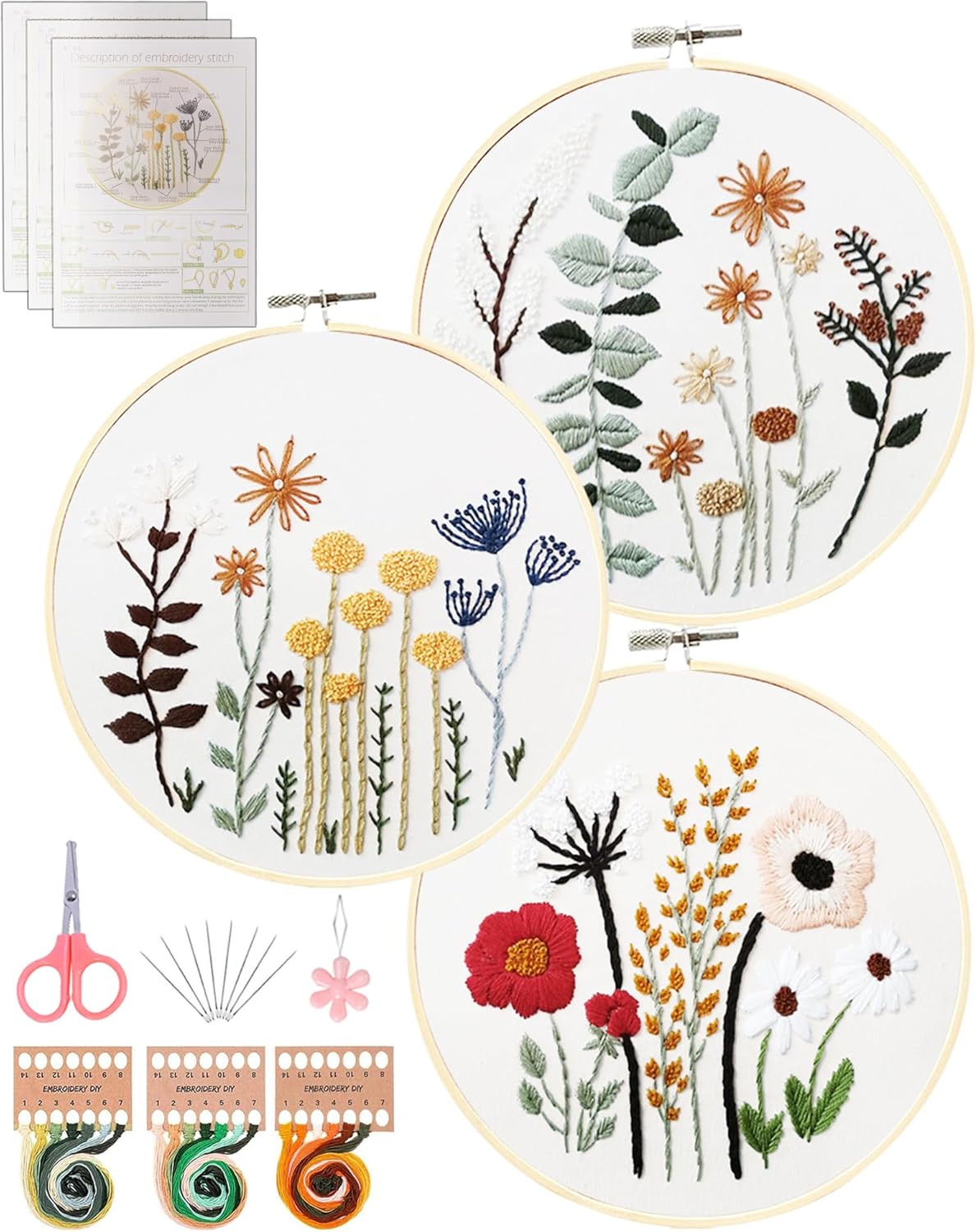 3 Sets Embroidery Kit,Cross Stitch Kits for Beginners,Needlepoint Kits for Adults with Easy Floral Pattern Hand Crafts,Hoop,Needle,Mothers Day Gifts Freeasyfar