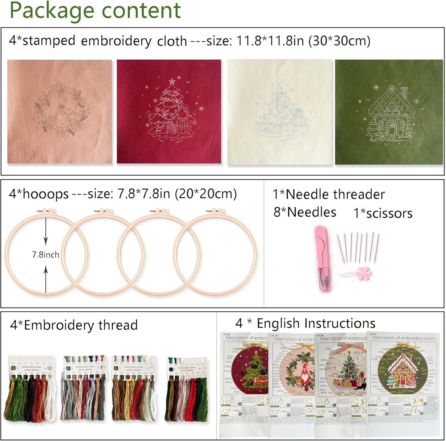 4 Sets Christmas Embroidery Kit with Patterns, Fabric, Floss, Needle, Hoop and Instructions Freeasyfar