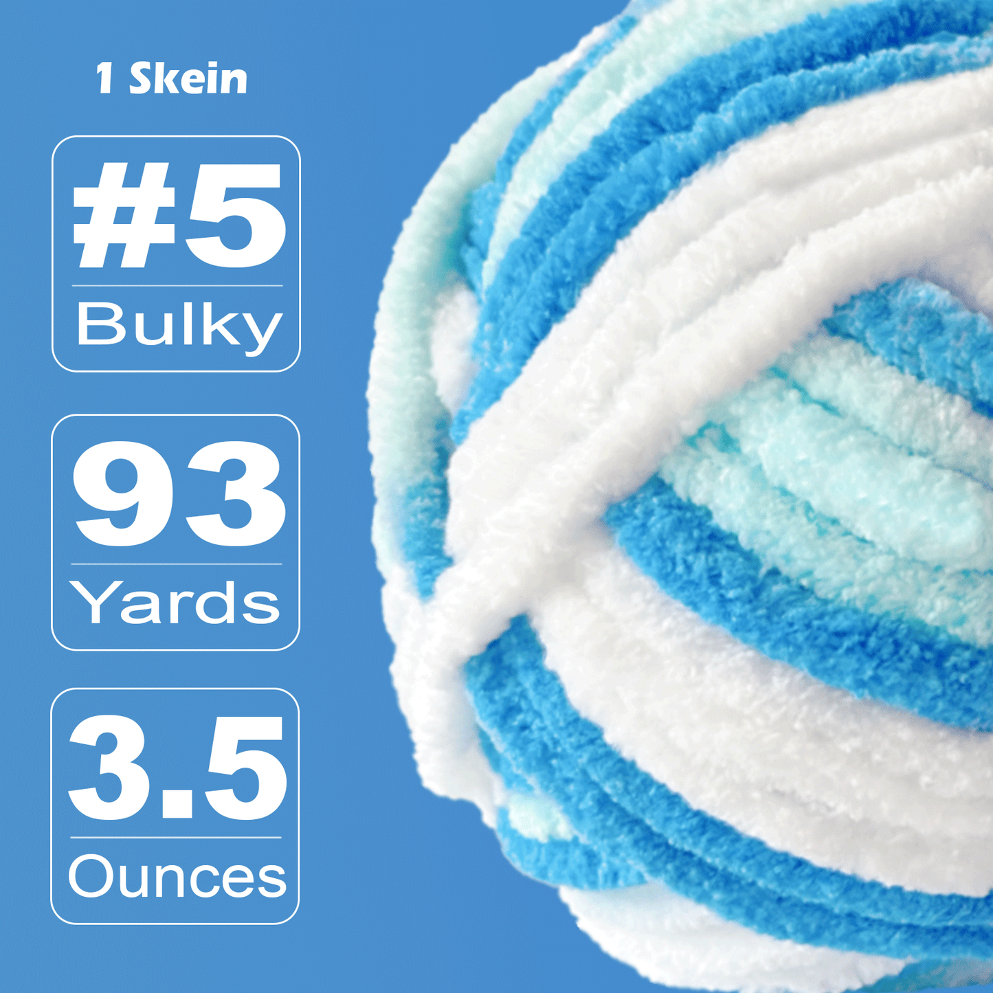 Velvet Chenille Yarn for Crocheting and Knitting – Bulky (93 Yards/100g), Extra Soft Polyester Chunky Yarn for DIY Crafts, Plush Toys, Blankets-Blue Sky Mix