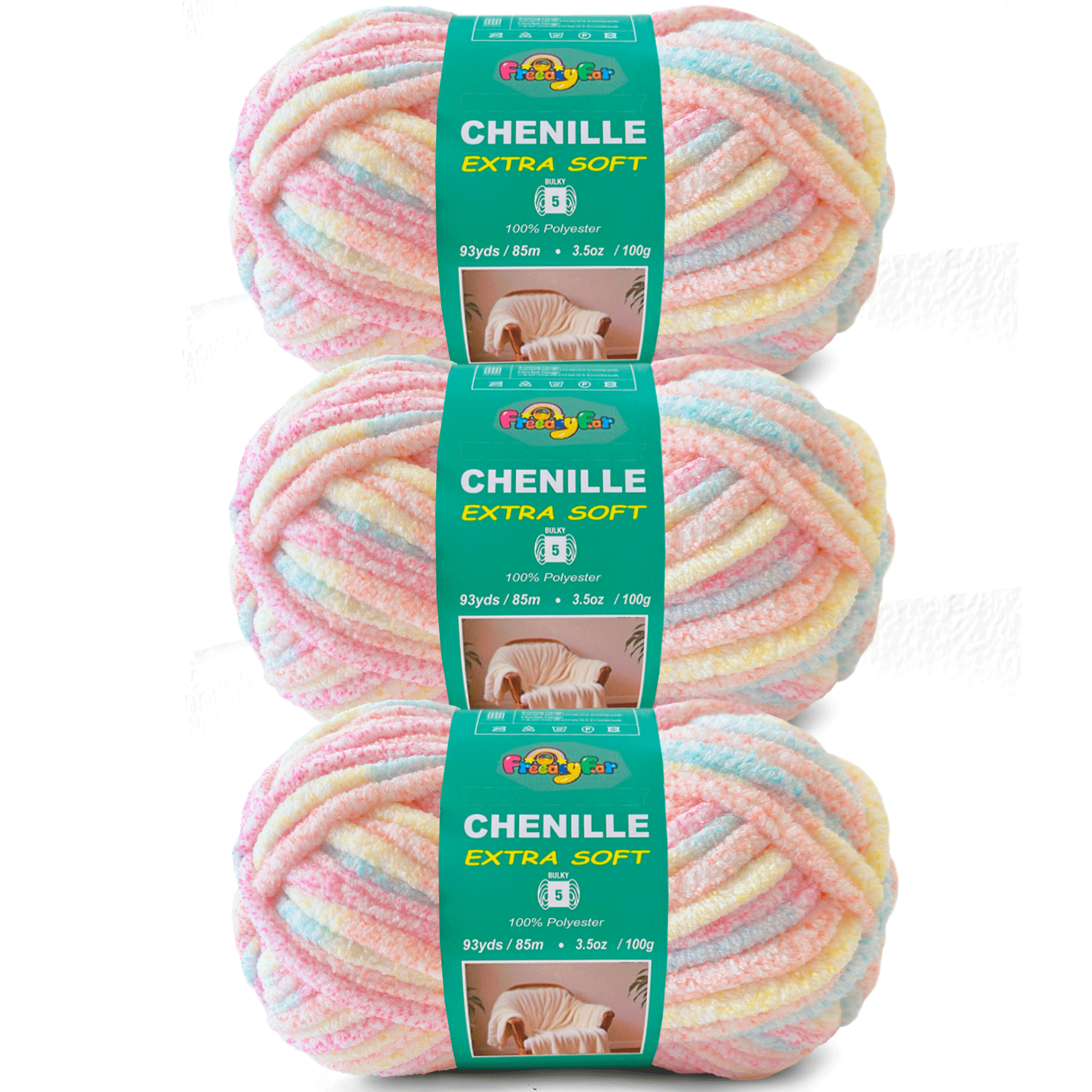 Variegated Chenille Yarn for Crocheting and Knitting - #5 Bulky-3.5oz/93yds Each Skein-Super Soft -Pastel Freeasyfar