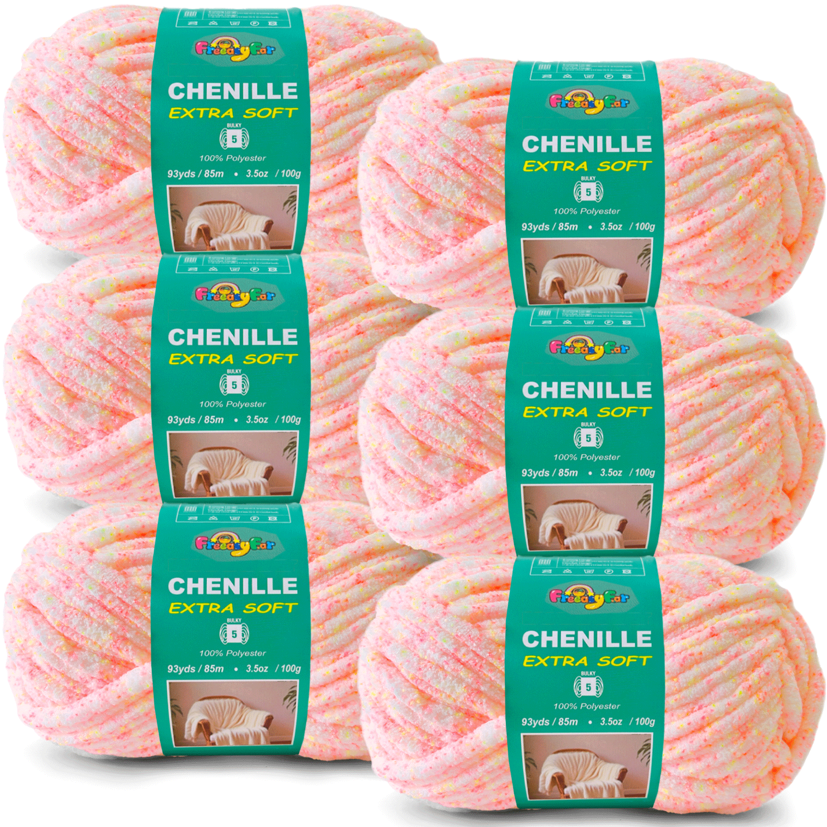 Variegated Chenille Yarn for Crocheting and Knitting - #5 Bulky-3.5oz/93yds Each Skein - Pink Sherbet Freeasyfar
