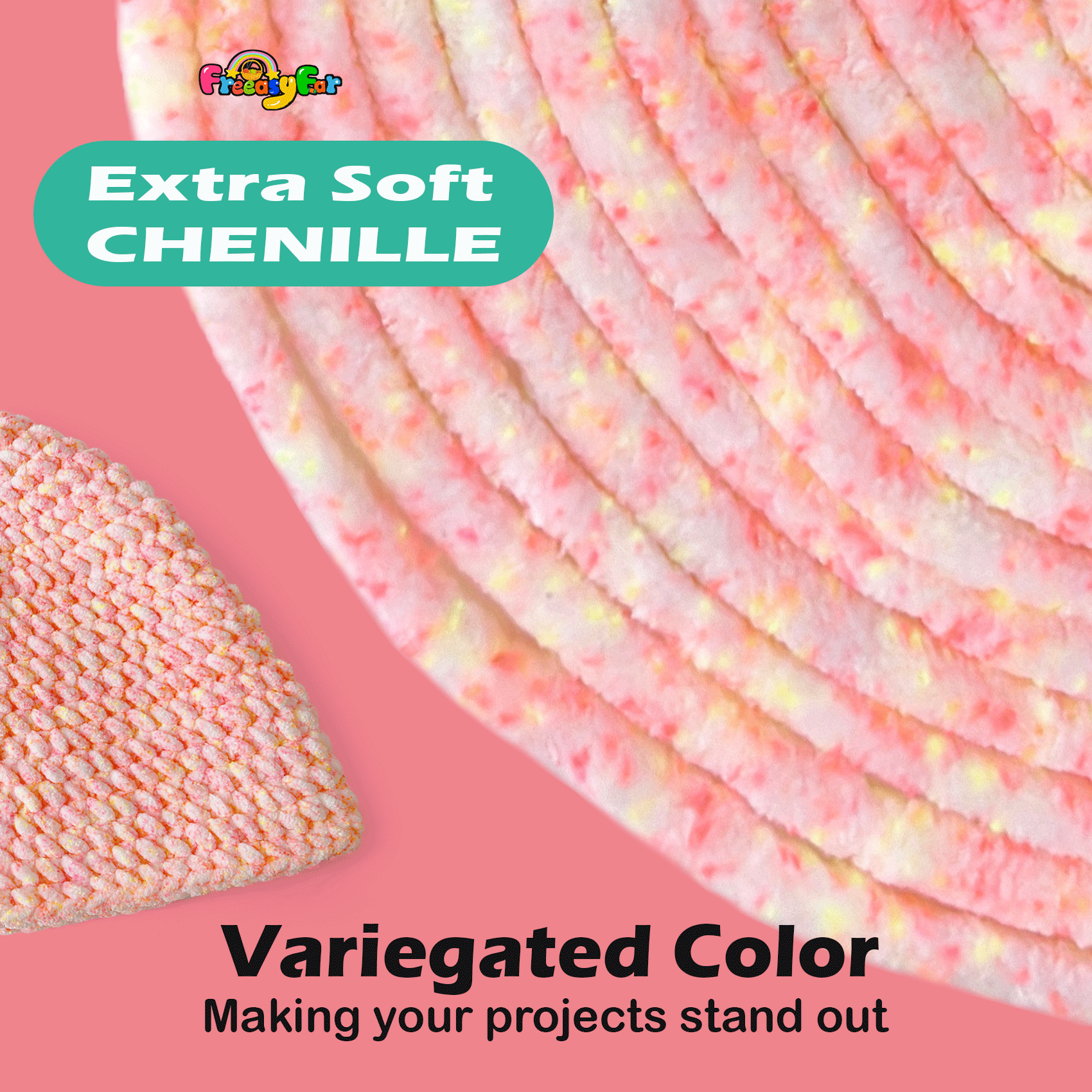 Variegated Chenille Yarn for Crocheting and Knitting - #5 Bulky-3.5oz/93yds Each Skein - Pink Sherbet Freeasyfar