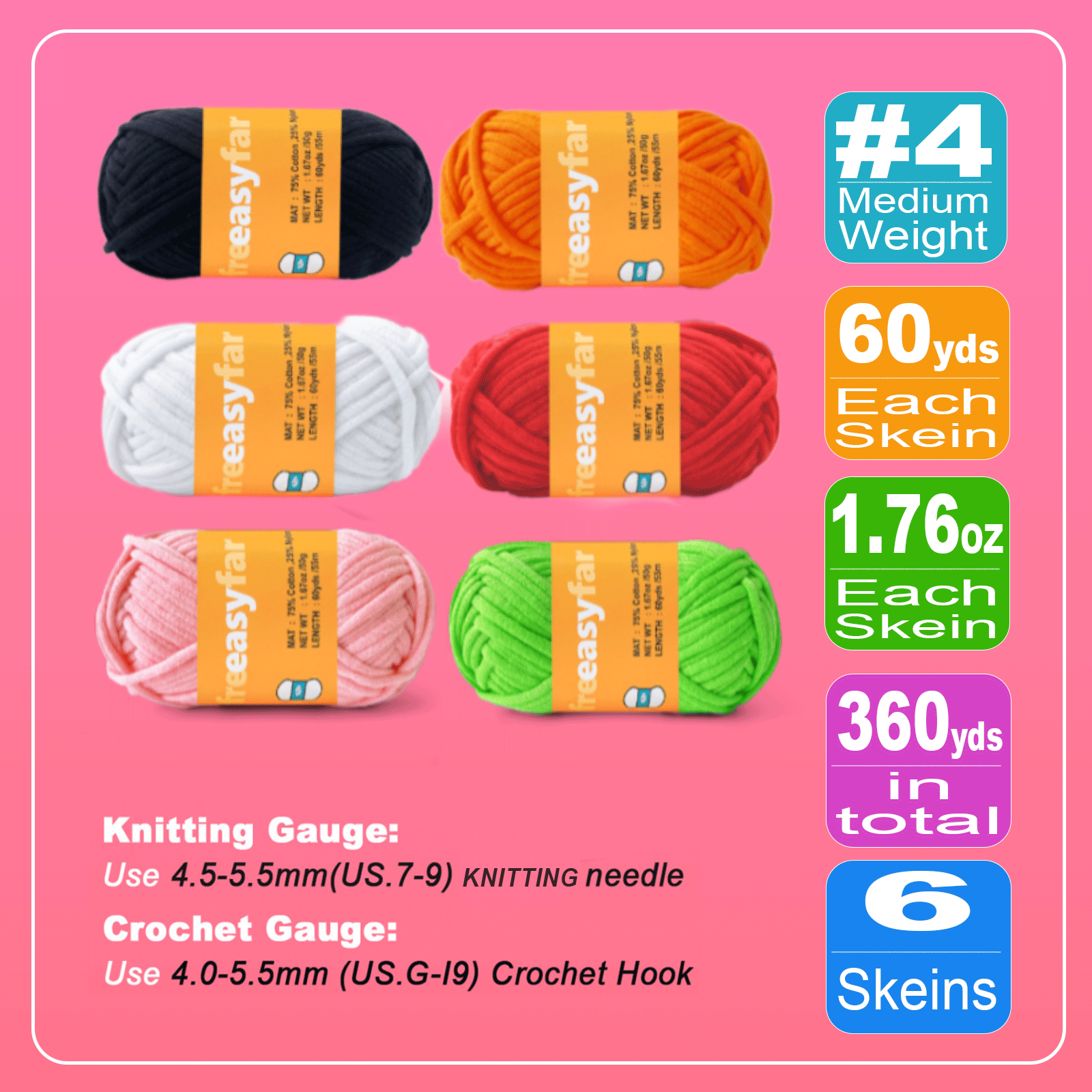 FREEASYFAR 40pcs Beginner Crochet Kit,600 Yards Beginner Easy Yarn,Ergonomic Crochet Hooks (4.0-4.5mm),Crochet Supplies,Step-by-Step Tutorial – All-in-One Kit for Beginners (C) Freeasyfar