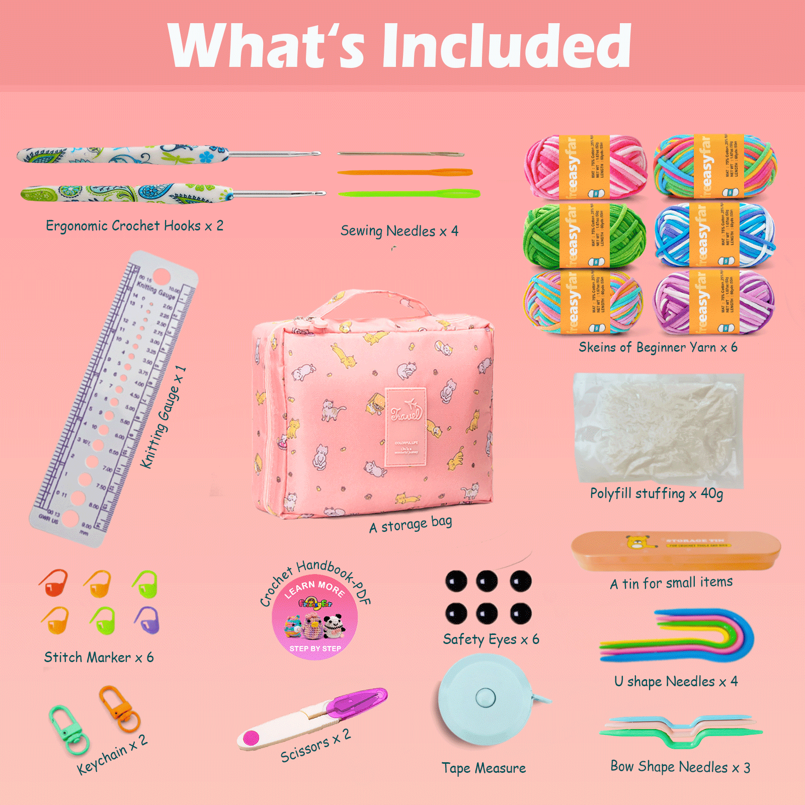 FREEASYFAR 40pcs Beginner Crochet Kit,600 Yards Beginner Easy Yarn,Ergonomic Crochet Hooks (4.0-4.5mm),Crochet Supplies,Step-by-Step Tutorial – All-in-One Kit for Beginners (A) Freeasyfar