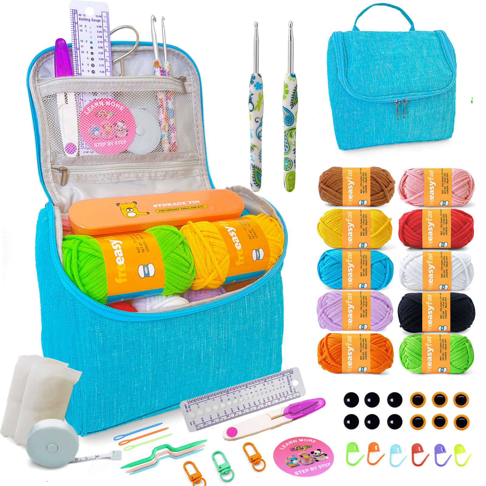 FREEASYFAR 40pcs Beginner Crochet Kit,600 Yards Beginner Easy Yarn,Ergonomic Crochet Hooks (4.0-4.5mm),Crochet Supplies,Step-by-Step Tutorial – All-in-One Kit for Beginners (A) Freeasyfar