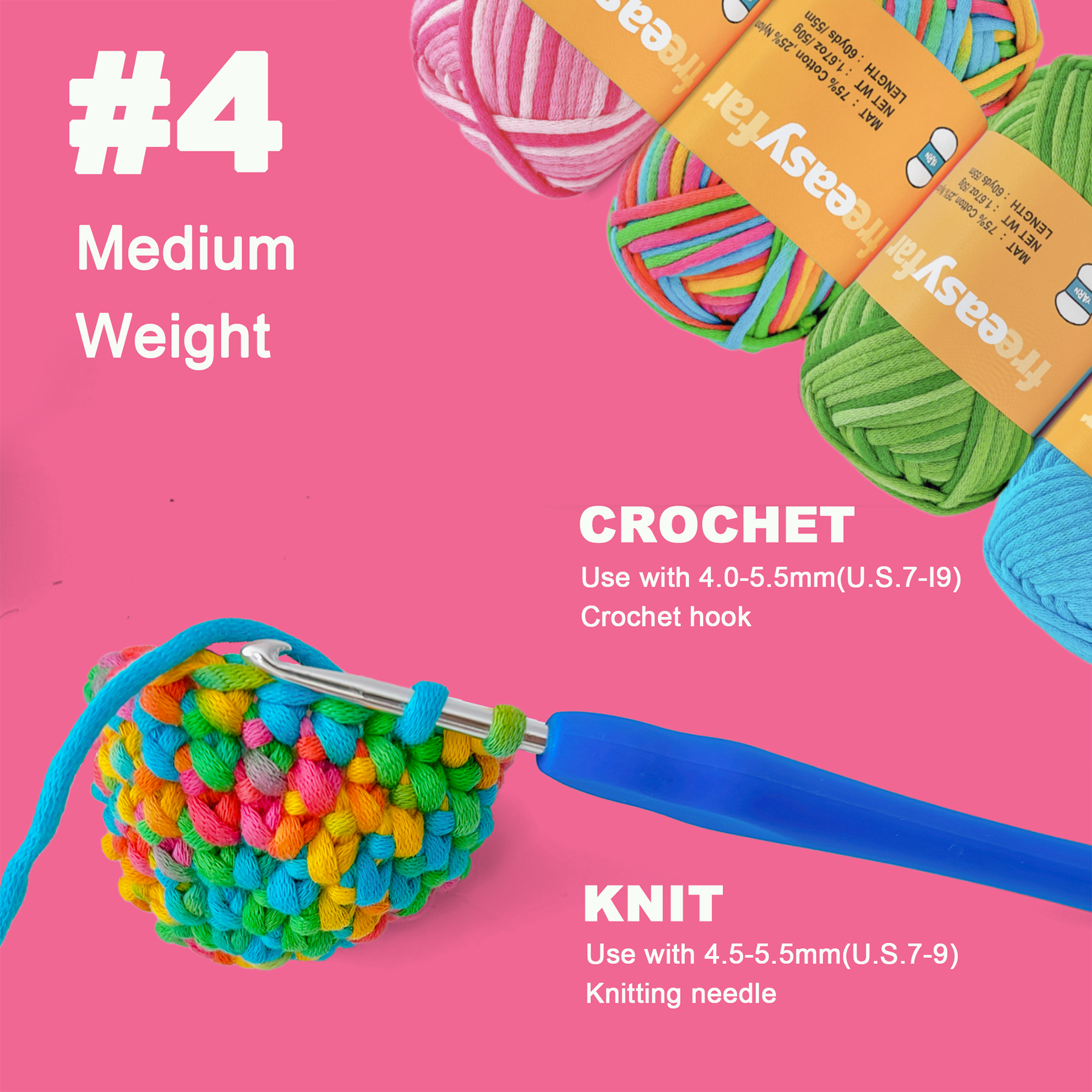 4 Pack(4x60 yds) Beginner Easy yarn for crocheting and knitting,Cotton blend Yarn for Crocheting and Knitting-(Straw Pink+Lawn Green+Rainbow+Azure) Freeasyfar