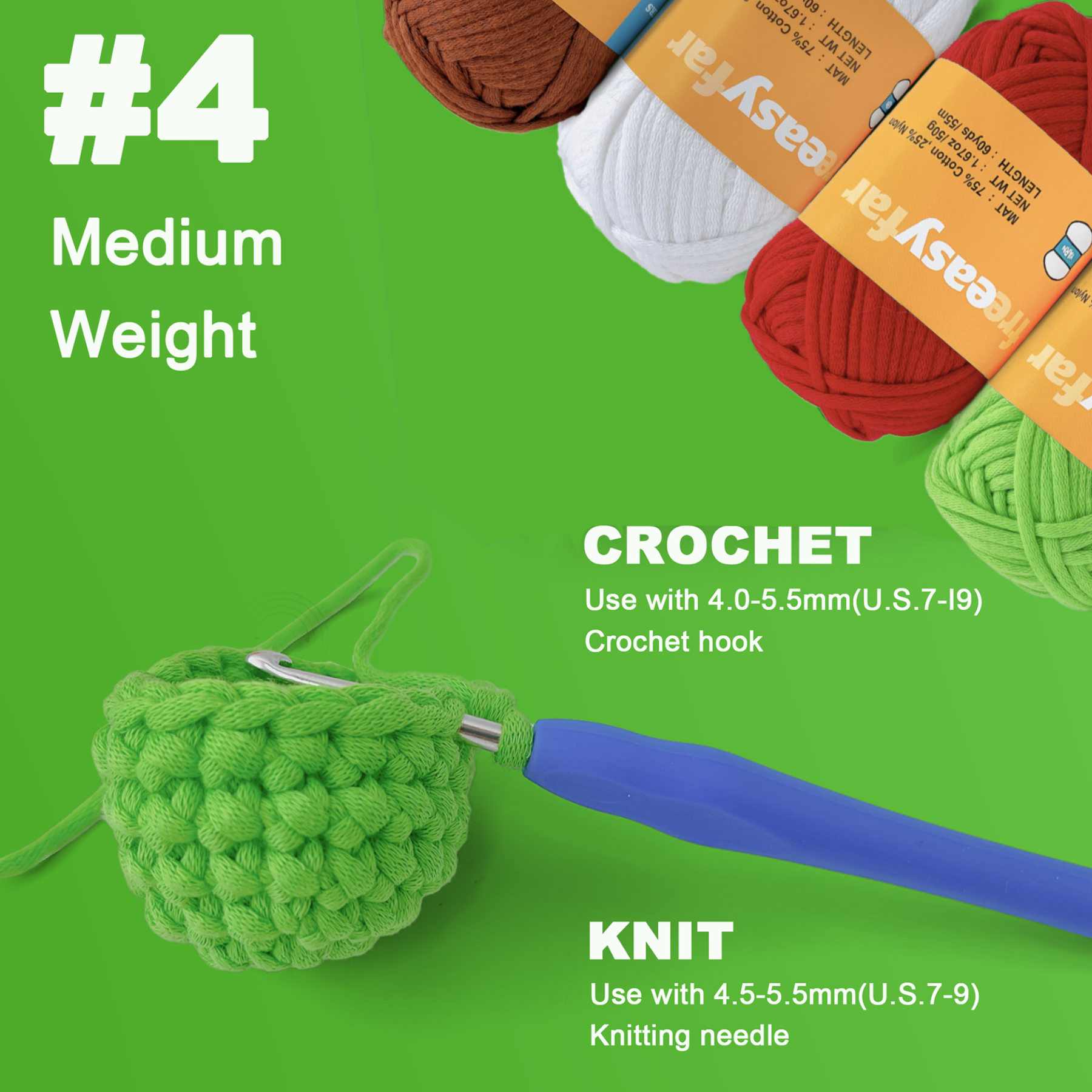 4 Pack(4x60 yds)Beginner Easy Yarn for Crocheting and Knitting-(Bright Green+Red+White+Latte Love) Freeasyfar