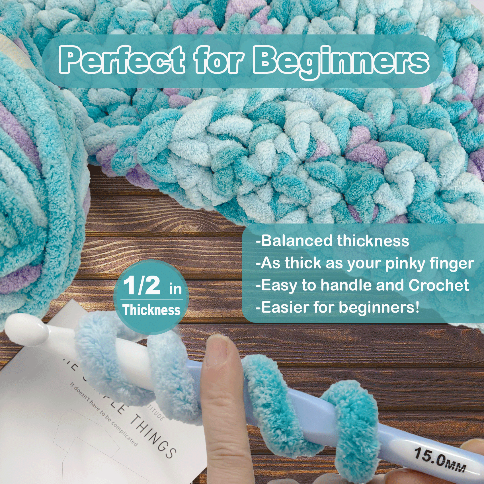 Chunky Chenille Yarn for Crocheting - Super Bulky Fluffy Yarn for Knitting -100% Polyester -Ocean Breeze Freeasyfar