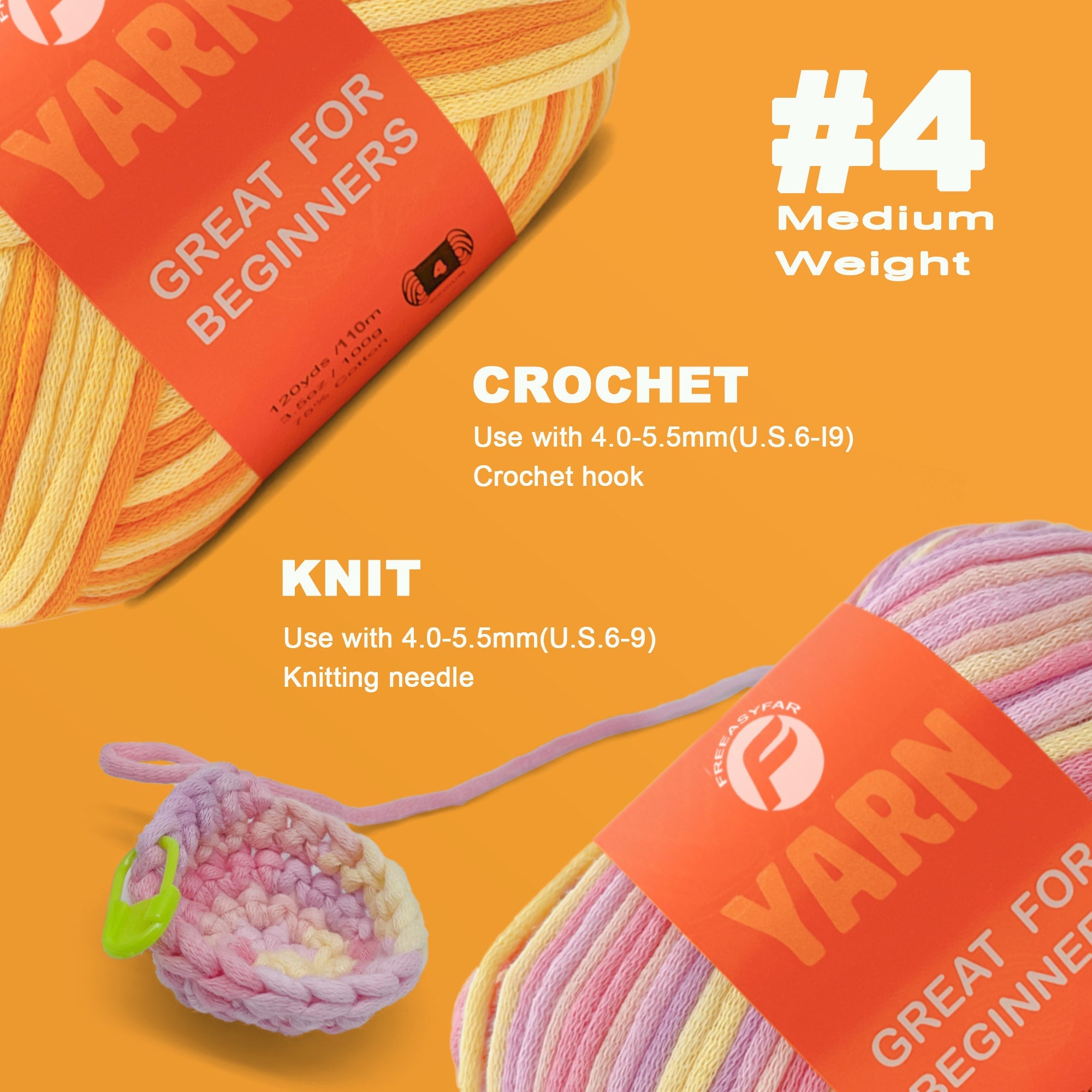 2 Pack Beginner Easy Yarn for Crocheting and Knitting; 2x120 yds Cotton Yarn for Beginner with Easy-to-See Stitches; Medium #4 (Macaron+Yellow) Freeasyfar