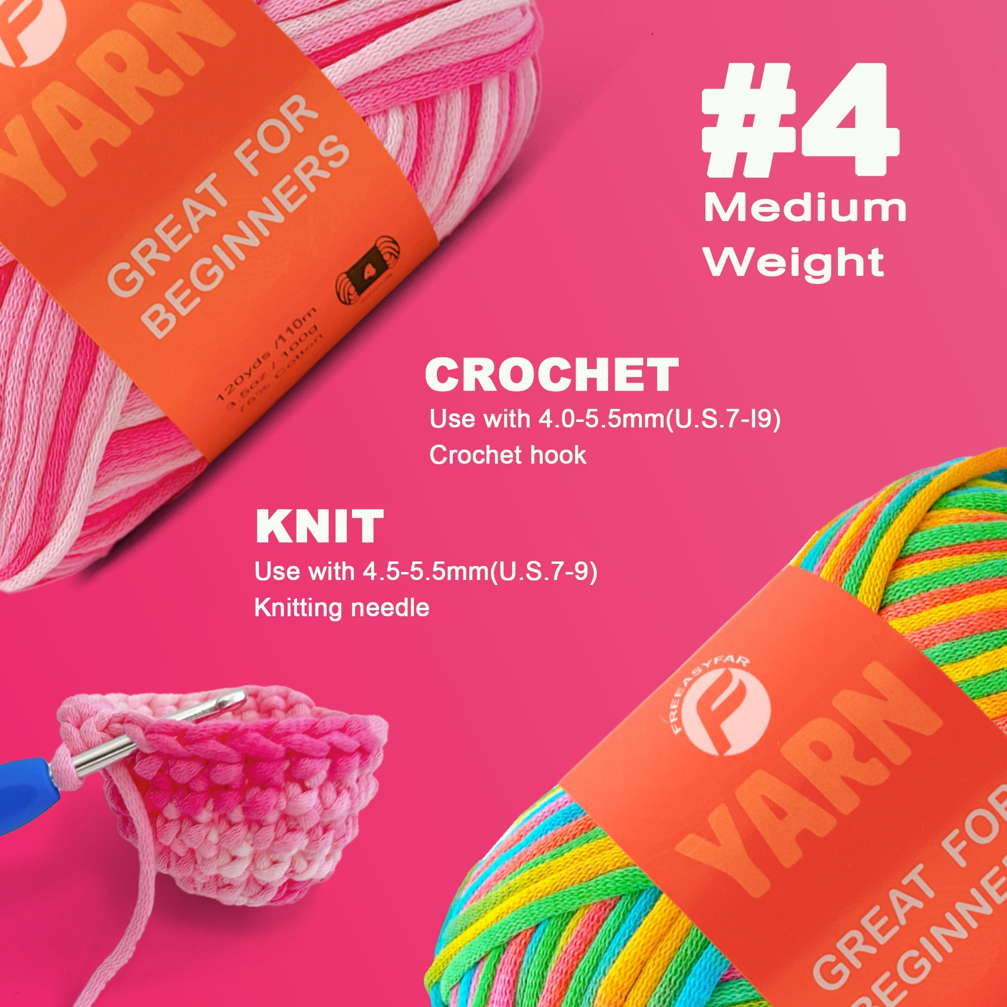 2 Pack Beginner Easy Yarn for Crocheting and Knitting; 2x120 yds Cotton Yarn for Beginner with Easy-to-See Stitches; Medium #4 (rainbow+strawberry) Freeasyfar