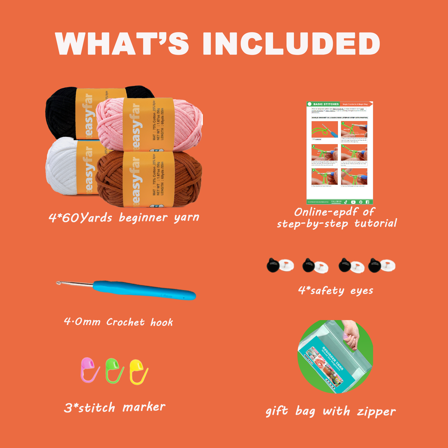 4 Pack(4x60 yds)Beginner Easy Yarn for Crocheting and Knitting-(Pink+Coffee+White+Black) Freeasyfar