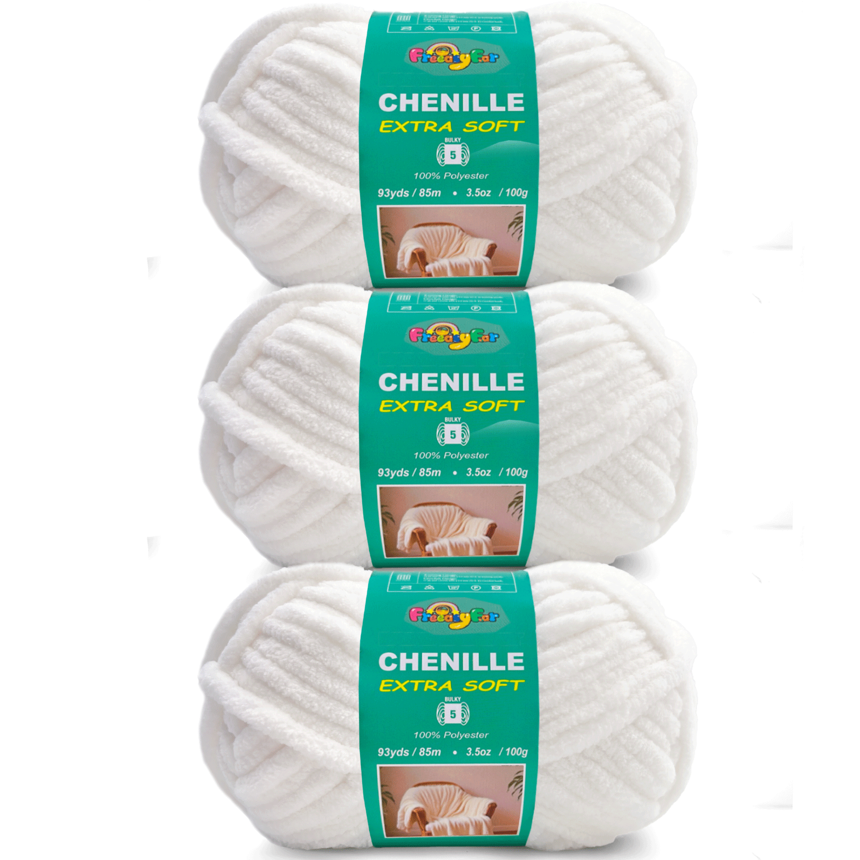 Variegated Chenille Yarn for Crocheting and Knitting- #5 Bulky-3.5oz/93yds Each Skein - White Freeasyfar