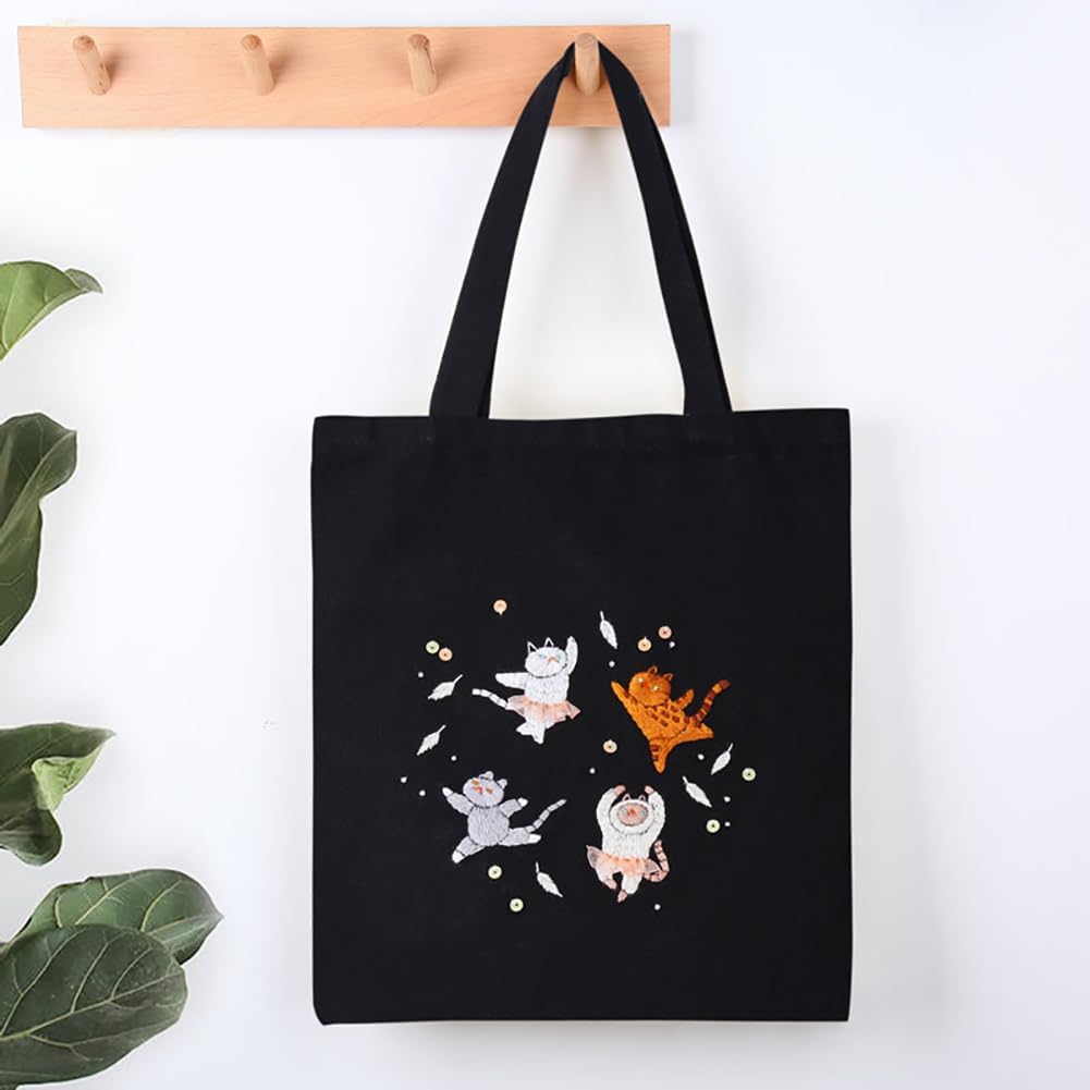 DIY Canvas Tote Bag Embroidery Kit with Hoop and Patterns , Tote Bag Cross Stitch Kits for Beginners Adults (Kitten） Freeasyfar