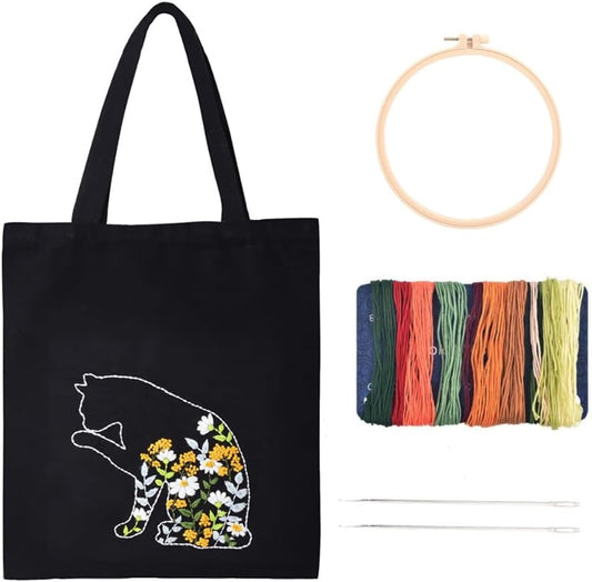 DIY Canvas Tote Bag Embroidery Kit with Hoop and Patterns , Tote Bag Cross Stitch Kits for Beginners Adults (Black Cat） Freeasyfar