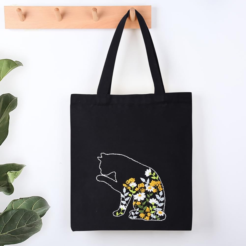 DIY Canvas Tote Bag Embroidery Kit with Hoop and Patterns , Tote Bag Cross Stitch Kits for Beginners Adults (Black Cat） Freeasyfar