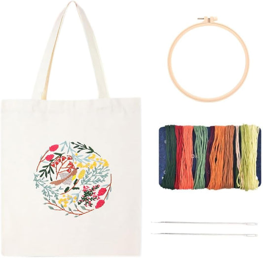 DIY Canvas Tote Bag Embroidery Kit with Hoop and Patterns Flowers Wreath, Tote Bag Cross Stitch Kits for Beginners Adults (Wreath) Freeasyfar