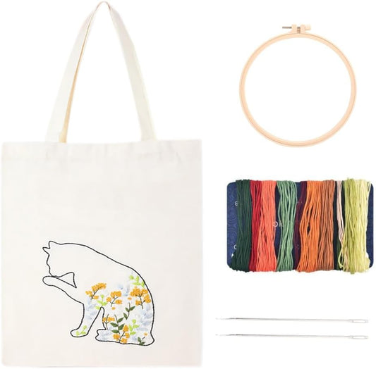 DIY Canvas Tote Bag Embroidery Kit with Hoop and Patterns , Tote Bag Cross Stitch Kits for Beginners Adults (CAT)) Freeasyfar