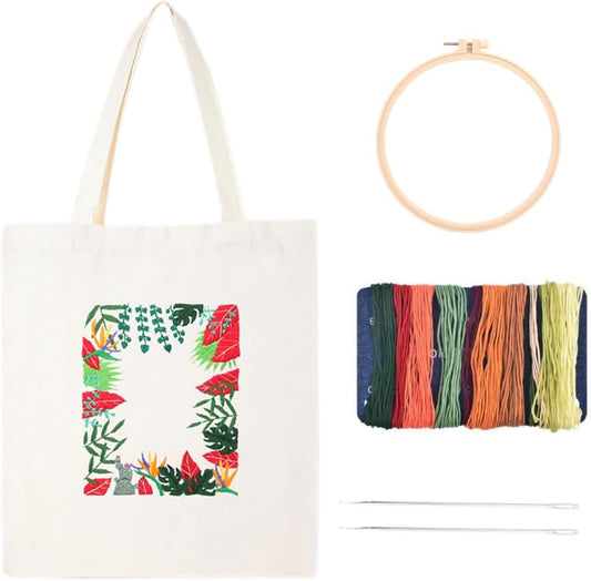 DIY Canvas Tote Bag Embroidery Kit with Hoop and Patterns , Tote Bag Cross Stitch Kits for Beginners Adults (CAT)) Freeasyfar