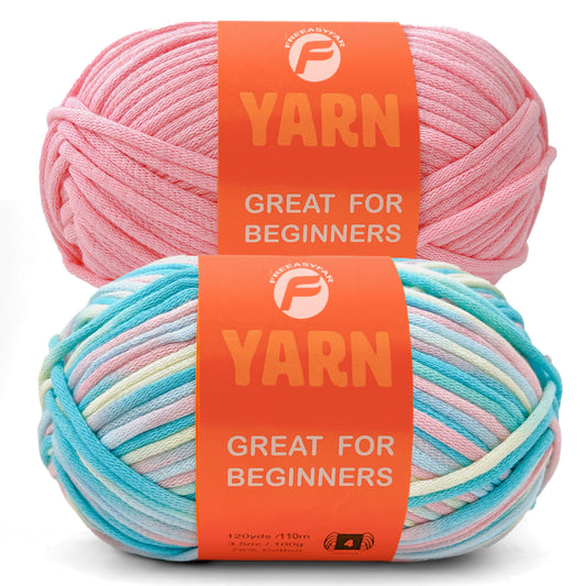 2 Pack Beginner Easy Yarn for Crocheting and Knitting; 2x120 yds Cotton Yarn for Beginner with Easy-to-See Stitches; Medium #4 (Pastel Blue+Pink)