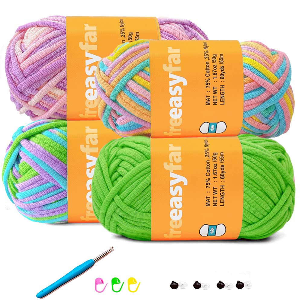 Beginner Crochet kit with Easy-to-See stitches Yarn, Included 3 free crochet pattern (Straw Pink+Lawn Green+Rainbow+Azure) Freeasyfar