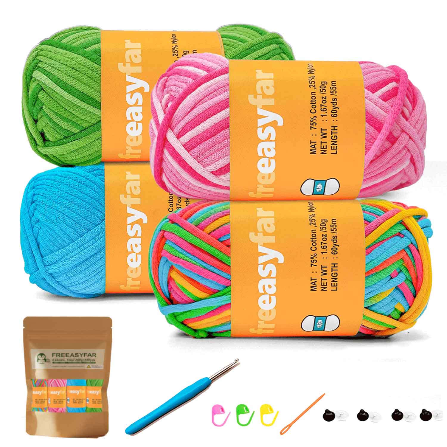Beginner Crochet Kit - 4 Skeins Cotton Nylon Yarn with 4mm Hook & Essentials