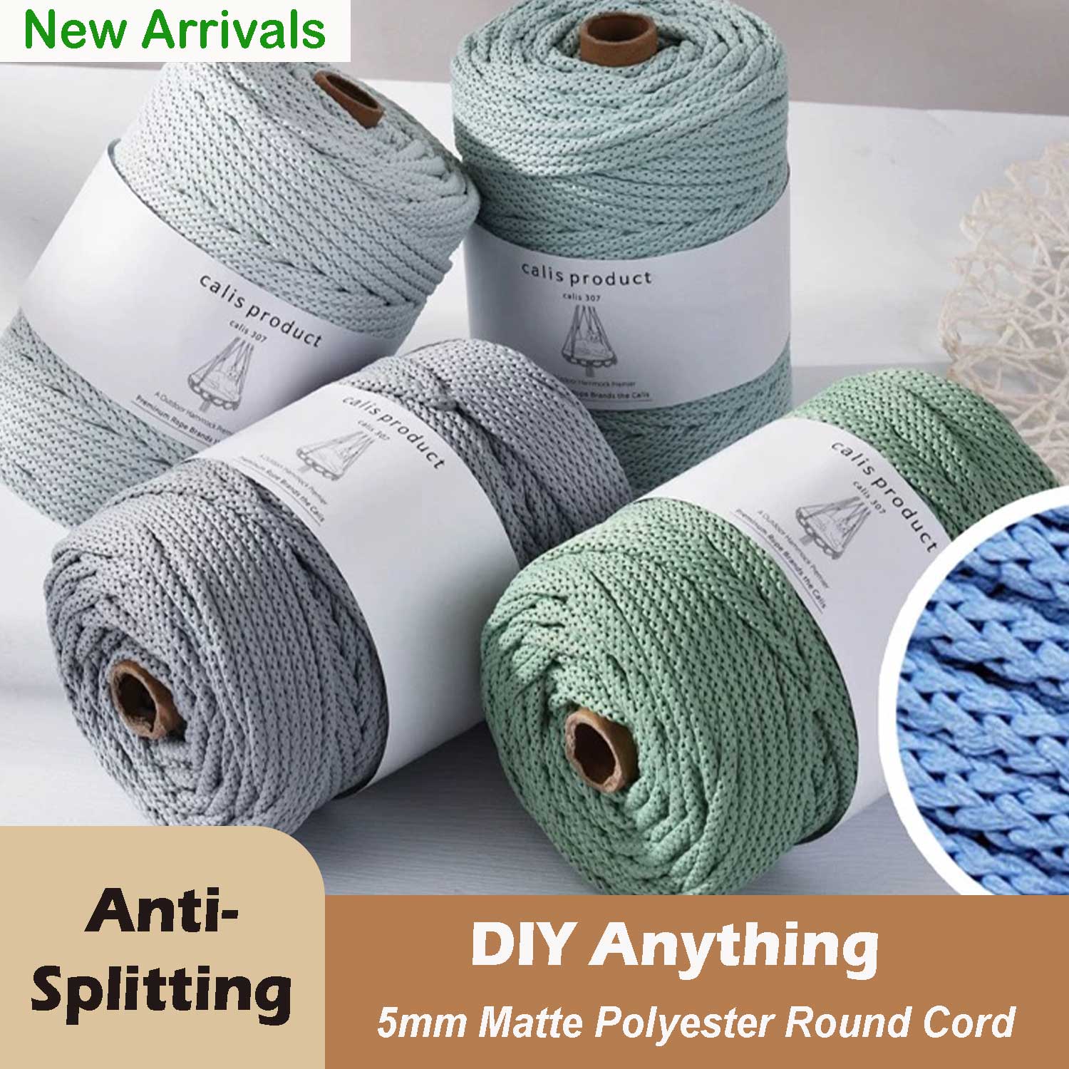 5mm Matte Polyester Round Cord - Hollow Core Braided Yarn for Crochet, Macramé & DIY Home Decor （35oz/600g)