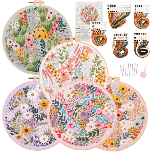 5 Pack Flower Embroidery Kit, Including 5 Sets of Patterned Embroidery Cloth, Rings, Needles,Embroidery Thread, Instructions and Other Tools