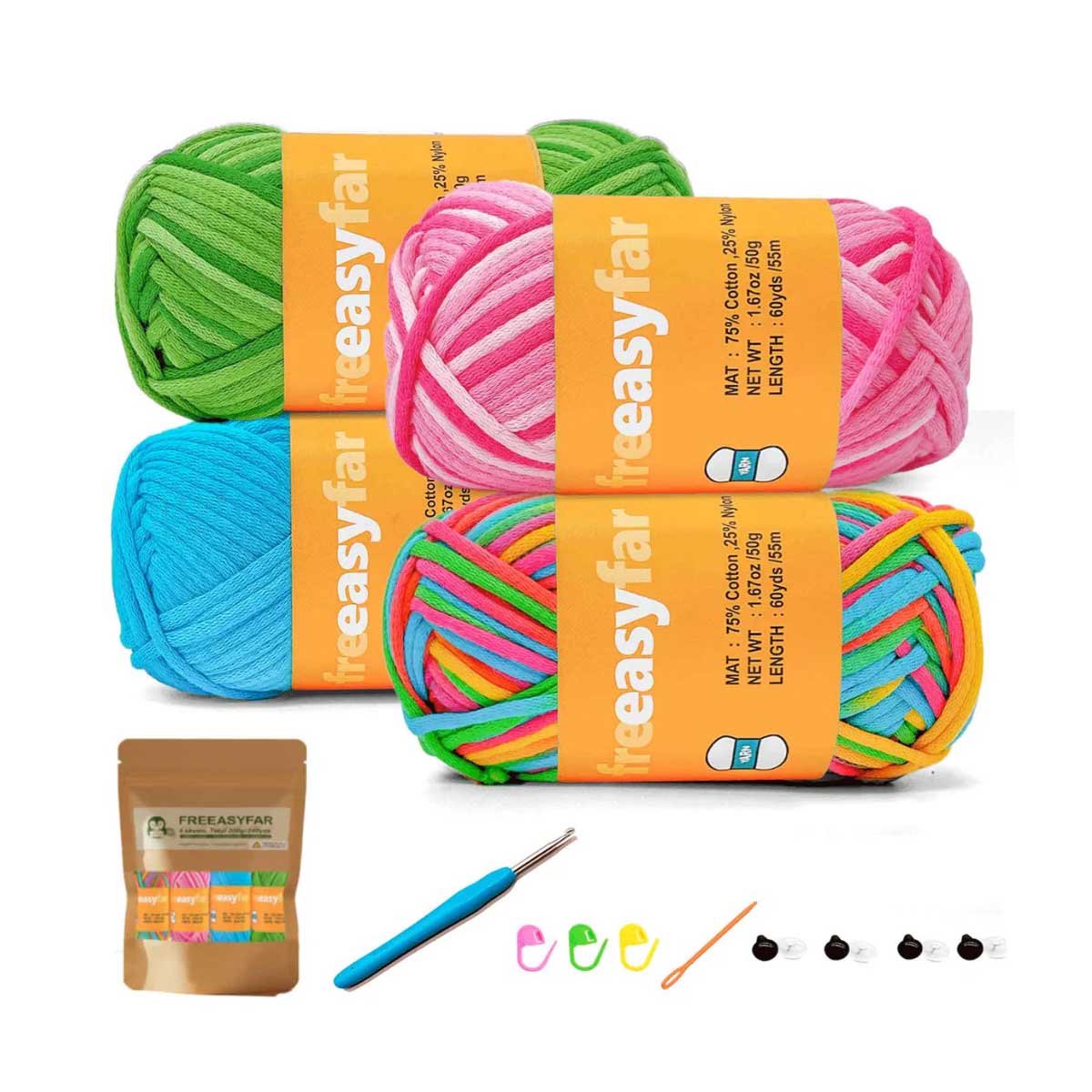 Beginner Crochet Kit - 4 Skeins Cotton Nylon Yarn with 4mm Hook & Essentials