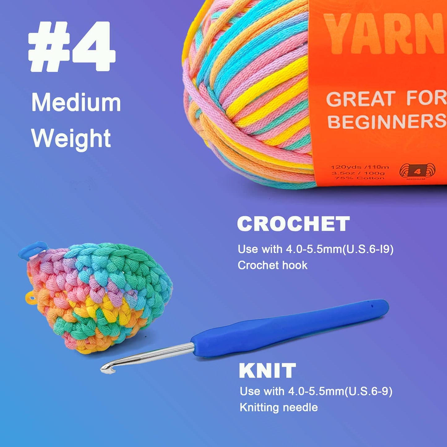 1 Pack 3.5oz/120yards,Beginner Easy Yarn for Crocheting and Knitting with Easy-to-See Stitches; Medium Weight #4(Variegated Color)