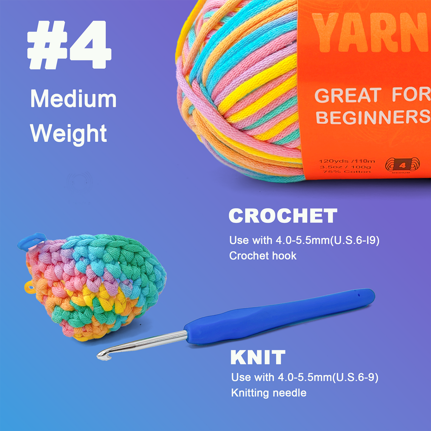 2 Pack Beginner Easy Yarn for Crocheting and Knitting; 2x120 yds Cotton Yarn for Beginner with Easy-to-See Stitches; Medium #4 (Pastel)