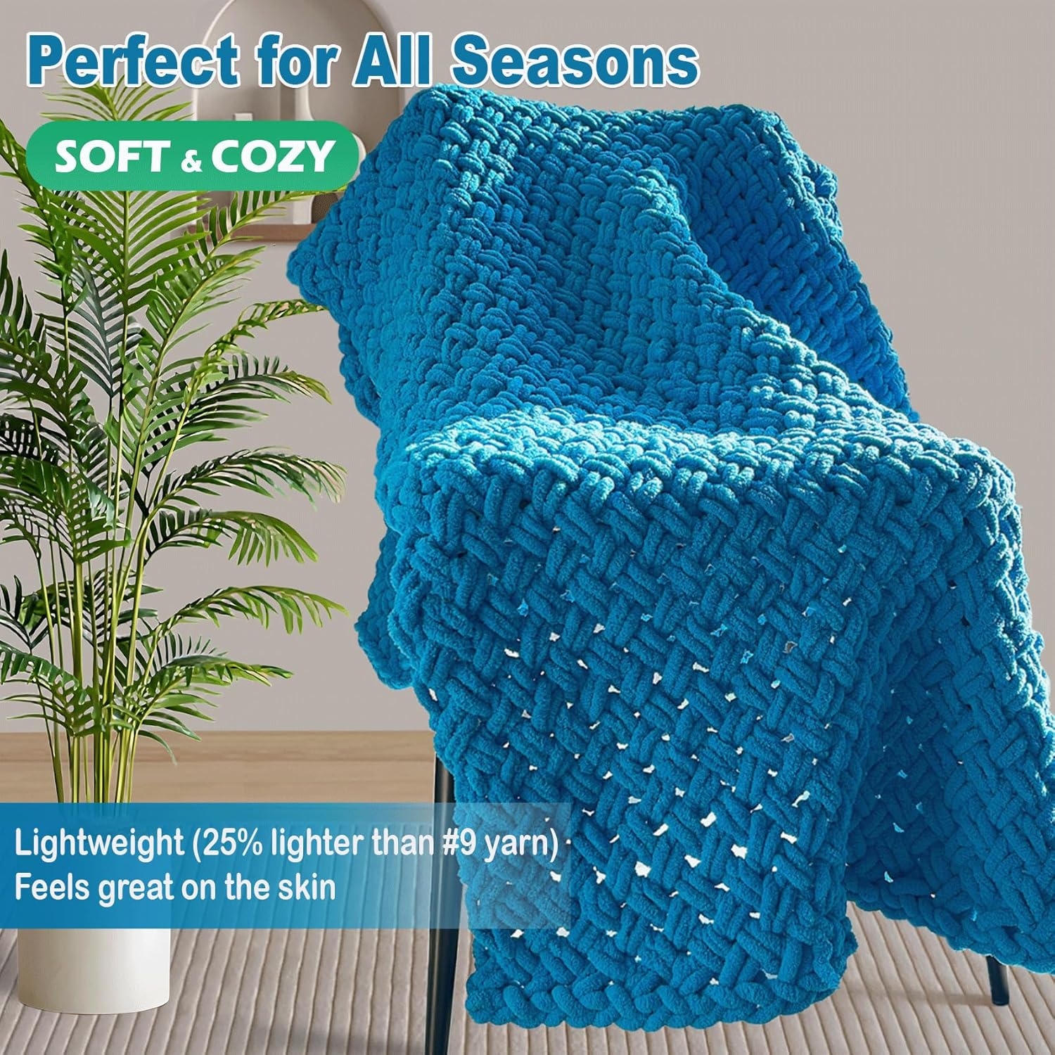 Chunky Chenille Yarn for Crocheting - Super Bulky Fluffy Yarn for Knitting -100% Polyester -Cloudy Blue Freeasyfar