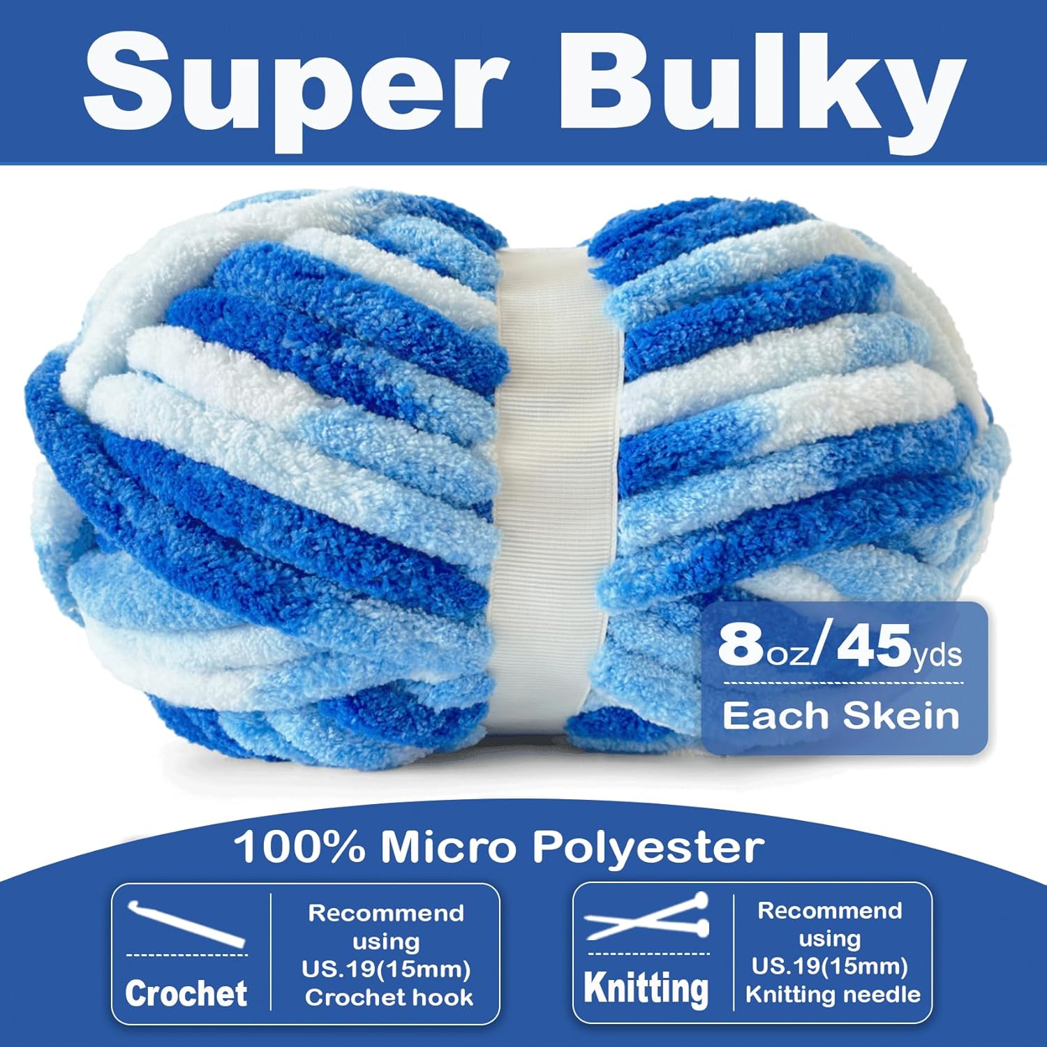 Chunky Chenille Yarn for Crocheting - Super Bulky Fluffy Yarn for Knitting -100% Polyester -Cloudy Blue Freeasyfar
