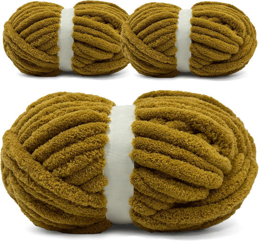 Chunky Chenille Yarn for Crocheting - Super Bulky Fluffy Yarn for Knitting -100% Polyester -Mustard Brown
