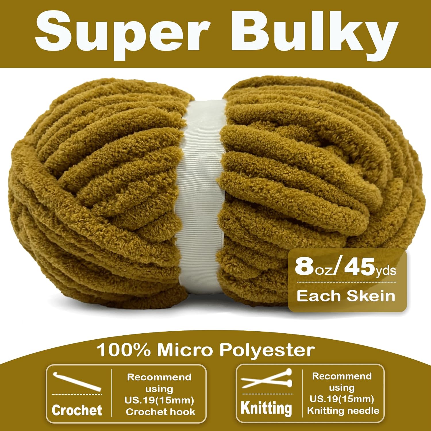 Chunky Chenille Yarn for Crocheting - Super Bulky Fluffy Yarn for Knitting -100% Polyester -Mustard Brown Freeasyfar
