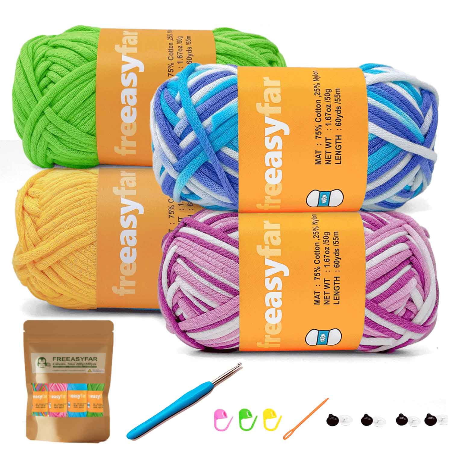Beginner Crochet kit with Easy-to-See stitches Yarn, Included 3 free crochet pattern (Azure wave+Lavender+Green+Yellow)