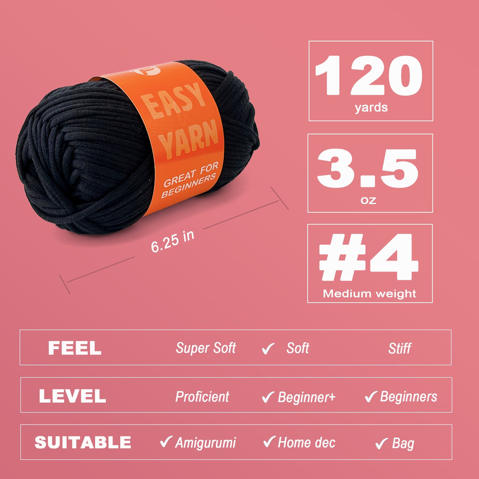 2 pack Beginner Easy Yarn for Crocheting and Knitting; 120 yds Cotton Yarn for Beginner with Easy-to-See Stitches; Medium #4(White+Black) Freeasyfar
